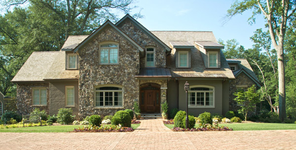 New Custom Luxury Home Greenville SC Blend of materials:  river rock, painted brick, cedar shingles and copper roofing.  Amish-made custom mahogany entry