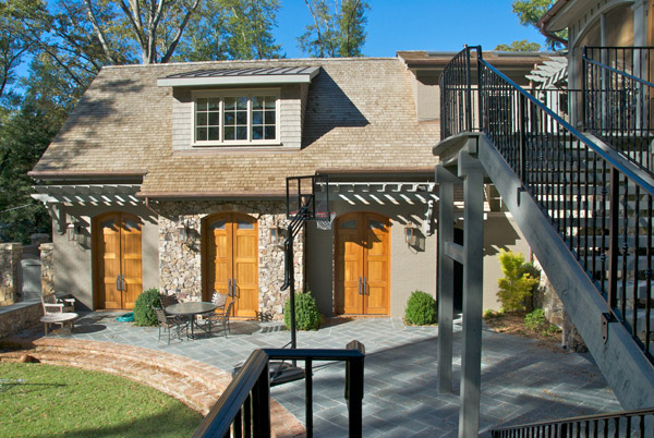 New Custom Luxury Home Greenville SC Cypress timber steps; bluestone terrace