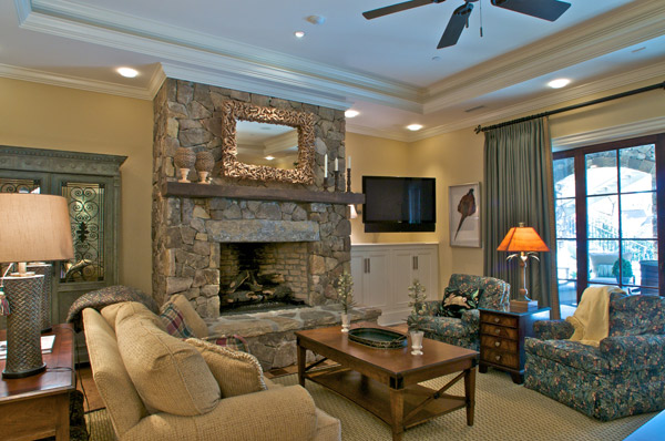 New Custom Luxury Home Greenville SC Heavy stone lintel; rustic firebox