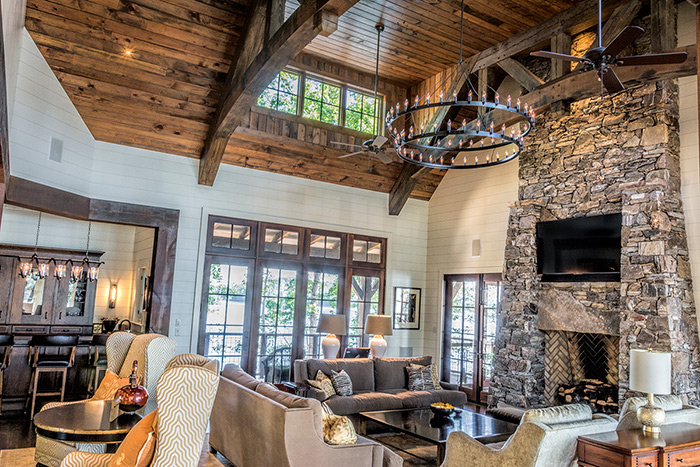 The Cliffs at Keowee Falls South New Lakefront Home Reclaimed Heart Pine T&G Ceiling