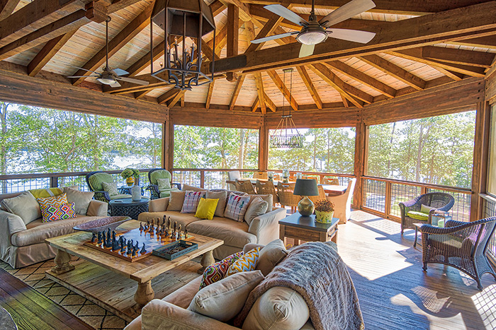 The Cliffs at Keowee Falls South New Lakefront Home Reclaimed Heart Pine Decking for Ceiling