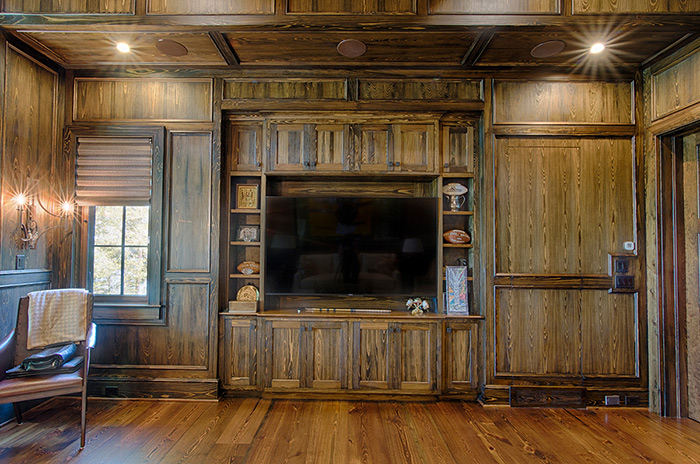 The Cliffs at Keowee Falls South New Lakefront Home Cypress Paneled Walls And TV Cabinet