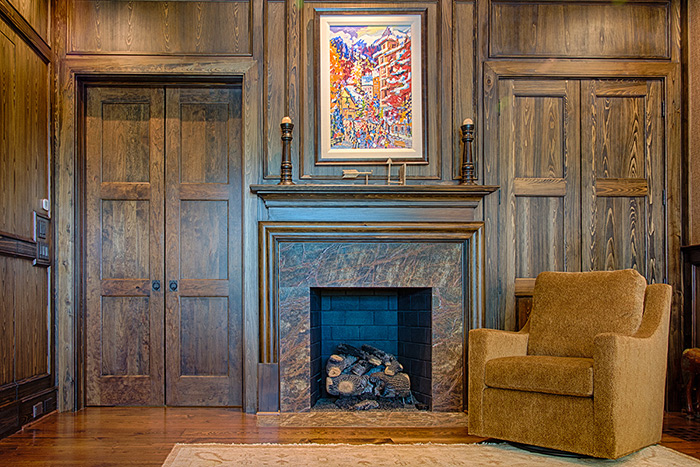 The Cliffs at Keowee Falls South New Lakefront Home Cypress Paneled Fireplace Wall In Study